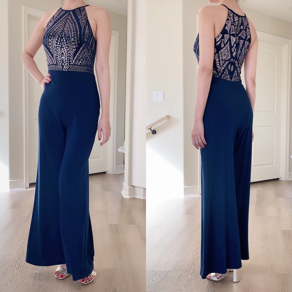 JUMP APPAREL Navy Blue Halter Glitter Jumpsuit - Picture 3 of 7